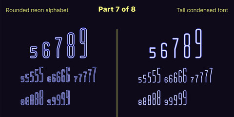 Condensed blue neon font, Rounded. Vector set