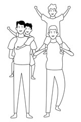 Family with kids cartoons in black and white