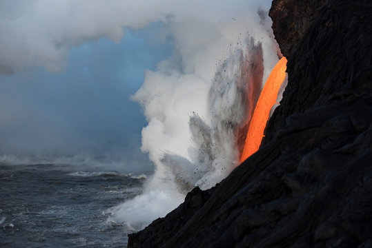 Lava entering into ocean from Kilauea volcano
