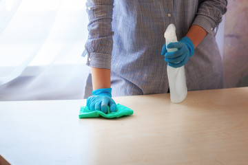 Woman in protective gloves wiping dust using a spray and a duster while cleaning her house.