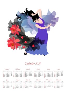 Beautiful calendar for 2020 year with illustration with girl in a long lilac dress dancing flamenco with a black shawl with red flowers and hearts in the shape of a flying fairy bird.
