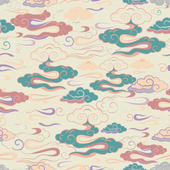 Vector Illustration of stylized, abstract purple, lilac, pink, cream and yellow clouds resembling dragon tails. Ideal for fabric, wallpaper and home decor.