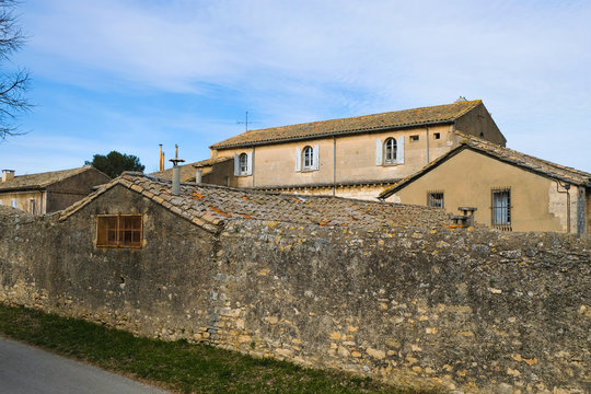 Documentary image. Saint Remy De Provence, France. February 08.2019. Saint Paul de Mausole Saint Paul and Van Gogh clinics. The wall of the Saint Paul monastery.