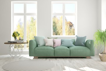 Fototapeta na wymiar White stylish minimalist room with sofa and autumn landscape in window. Scandinavian interior design. 3D illustration