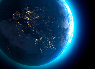 Physical map of the world, satellite view of Europe and North Africa. Night view. City lights....