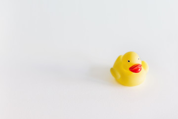 A yellow rubber duck isolated on white background. Bath toy with copy space for your text.
