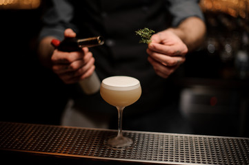 Bartender adds rosemary in alcohol light brown cocktail