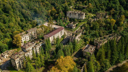 An abandoned city, a Ghost town, Akarmara. Aerial view. Located near Tkvarcheli. Abkhazia. Georgia.