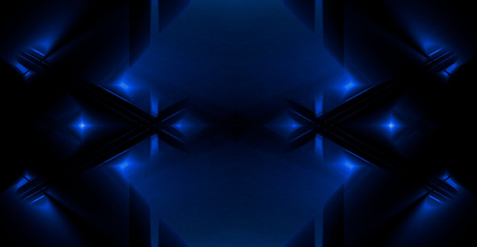 Tunnel in blue neon light, underground passage. Abstract blue background. Background of an empty black corridor with neon light. Abstract background with lines and glow © MiaStendal