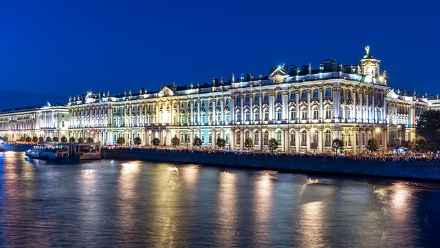 Hermitage museum (Winter Palace) and Neva river at night, Saint Petersburg, Russia
