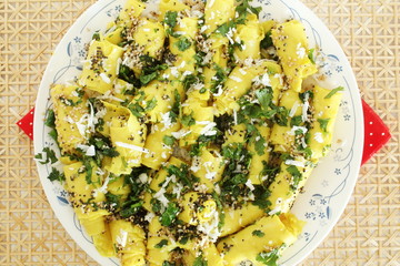 traditional Indian gujarati food Snack Khandvi made from Gram Flour or chickpea flour
