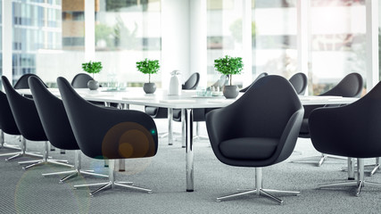 3d Rendering von Konferenztisch und Stühlen oder Sessel für Teilnehmer der Führungsebene bei...