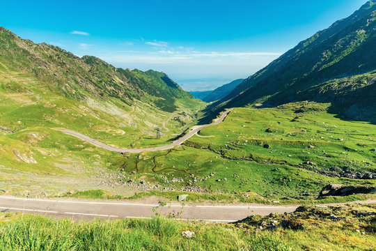 transfagarasan road though mountains. wonderful sunny forenoon weather. rocky slopes and grassy hills. beautiful travel destination. discover romania concept