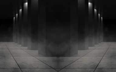 Background of empty room, corridor with concrete floor, tiles. Columns, spotlight, smoke