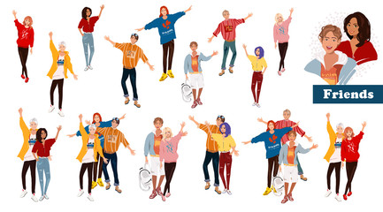 Fototapeta na wymiar Vector illustrations, group portrait of smiling friends standing together. Set Fashion teenage boys and girls embracing each other. Happy people isolated on white background. Detalized cartoon