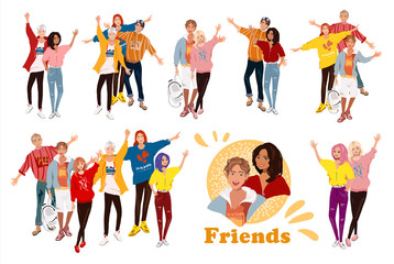 Vector illustrations, group of smiling friends standing together. Set Fashion teenage boys and girls embracing each other. Happy people isolated on white background. Detalized cartoon