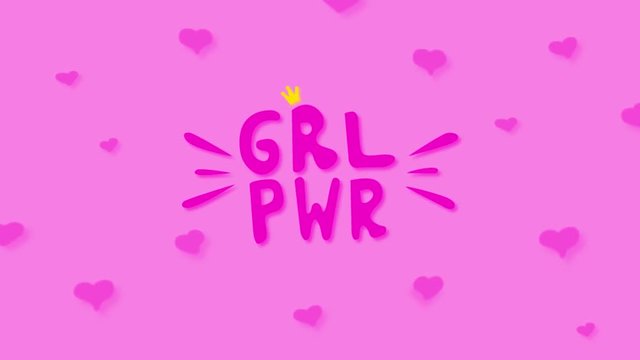Animated illustration of Girl Power on pink background with dancing hearts. Hand written GRL PWR in doodle lettering animation logo with golden crown. Concept of civil rights movement