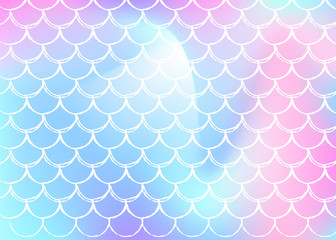 Mermaid scales background with holographic gradient. Bright color transitions. Fish tail banner and invitation. Underwater and sea pattern for girlie party. Futuristic backdrop with mermaid scales.