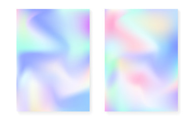 Holographic cover set with hologram gradient background. 90s, 80s retro style. Pearlescent graphic template for placard, presentation, banner, brochure. Retro minimal holographic cover.