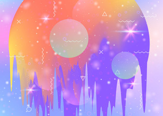 Abstract landscape with holographic cosmos and future universe background. 3d fluid. Plastic mountain silhouette with wavy glitch. Futuristic gradient and shape. Memphis abstract landscape.