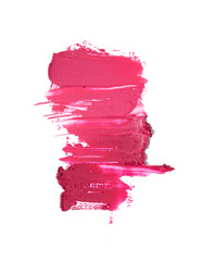 Creative concept photo of cosmetics swatches beauty products lipstick on white background.