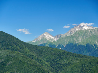 High mountain range with snowy peaks, with slopes overgrown with forest, against the background of bright blue sky