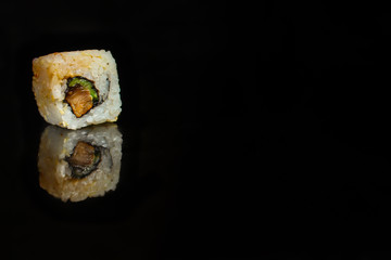 Sushi rolls different taste, rainbow color (fresh seafood) serving. Food background. Top view