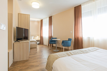 Interior of a double bed hotel bedroom