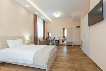 Interior of a double bed hotel bedroom