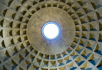 Dome of Pantheon, Rome, Italy. Pantheon was built as a temple to all the gods of ancient Rome, and rebuilt by the emperor Hadrian about 126 AD.