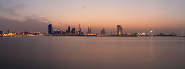 A panoramic view of Bahrain skyline during sunset