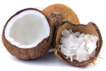 fresh coconut flakes and chips placed in bark isolated on white background