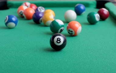 Billiard balls on a green table close-up