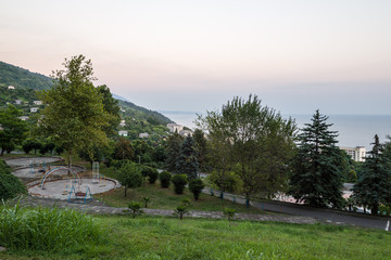 View of the seacoast with residential buildings from the old park.