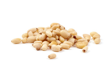 Dry Organic Pine Nuts, close-up, isolated on white background