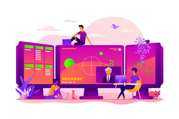 Fototapeta na wymiar E-sports streaming, live game show, online streaming business concept. Colorful vector isolated concept illustration with tiny people and floral organic elements. Hero image for website.
