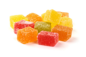 Candied marmalade candy, close-up, isolated on white background