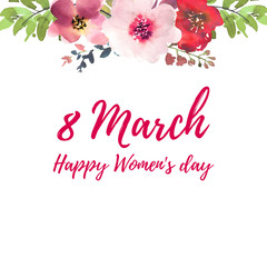 Hand drawn watercolor bouquet with place for your text. Design for card, invitation. Floral frame with text 8 March