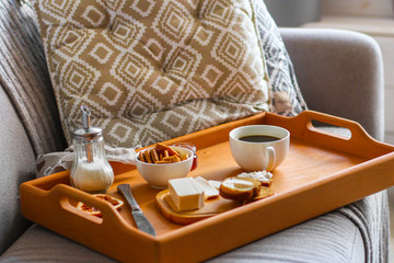 breakfas - cornflakes, coffee, jam, other ingredients. Top view. Copy space