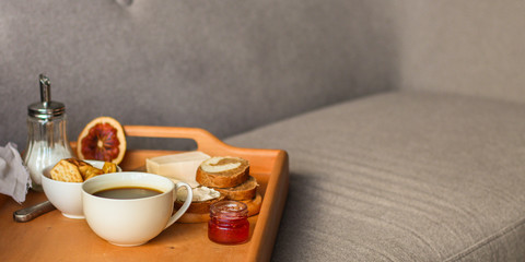 breakfas - cornflakes, coffee, jam, other ingredients. Top view. Copy space