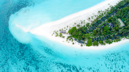 Beautiful aerial view of Maldives and tropical beach . Travel and vacation concept - obrazy, fototapety, plakaty