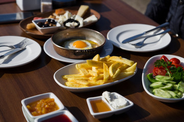 very nicely prepared breakfast table for special, valentines' day or Ramadan or Christmas in the cafe. 