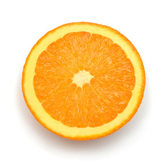 Half orange fruit isolated on white background. Creative healthy food concept. Nature, juice. Flat lay, top view