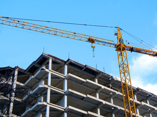 Industrial background. Crane near the building. Construction site.