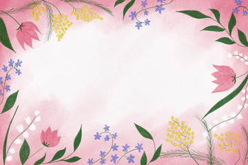 spring, flowers, pink card, background, drawing, pattern, ornament, tulip, lilies of the valley, cornflowers, violets, mimosa