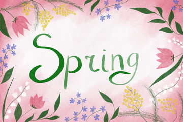 spring, flowers, pink card, background, drawing, pattern, ornament, tulip, lilies of the valley, cornflowers, violets, mimosa