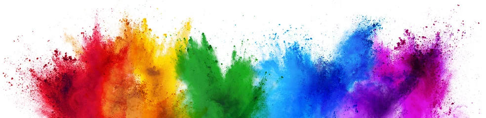 Poster Im Rahmen bunter Regenbogen Holi Farbe Pulver Explosion isoliert weißer breiter Panoramahintergrund © stockphoto-graf