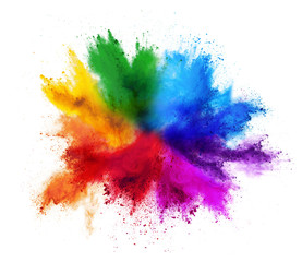 colorful rainbow holi paint color powder explosion isolated white background - obrazy, fototapety, plakaty