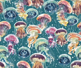  pattern with a lot of watercolor multicolored jellyfishes