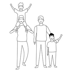 Family with kids cartoons in black and white